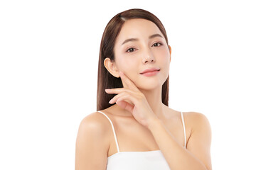 Beautiful young asian woman with clean fresh skin on white background, Face care, Facial treatment,...