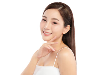 Beautiful young asian woman with clean fresh skin on white background, Face care, Facial treatment,...