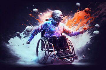 Happy Physical Handicapped Person Reaching The Top of the Mountain, in an Inclusive Trekking, With Snow and Cold Wind From High Altitudes, Showing Effort and Perseverance, generative ai