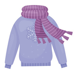 Cozy sweater with scarf. Vector illustration. Isolated on white.