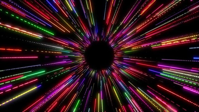This motion graphics video features a circular tunnel of neon bright lines against an alpha channel background with space in the center for titles, text or logos. Seamless loop animation.