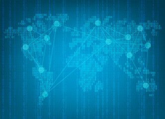 Blue binary code number with digital number world map background