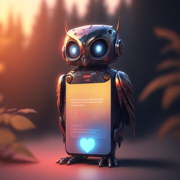 Futuristic owl robot with big screen. Concept of chatbot with artificial intelligence, auto reply, voice recognition or machine learning.