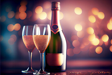 champagne glasses with a bottle and light bokeh.Generative AI.