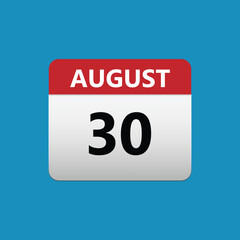 30th August calendar icon. August 30 calendar Date Month icon. Isolated on blue background