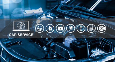 Automobile service icons with background of inspection, maintenance and repair car engine