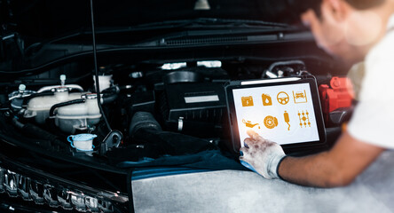Car mechanic point maintenance service icons on tablet computer display for automobile inspection