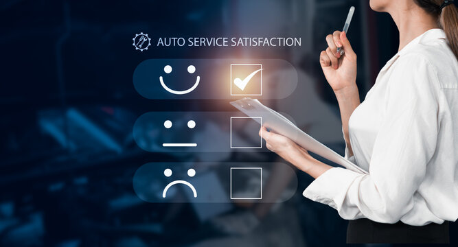 Asian Woman holding paperwork check smile icon, giving most satisfaction experience rating review