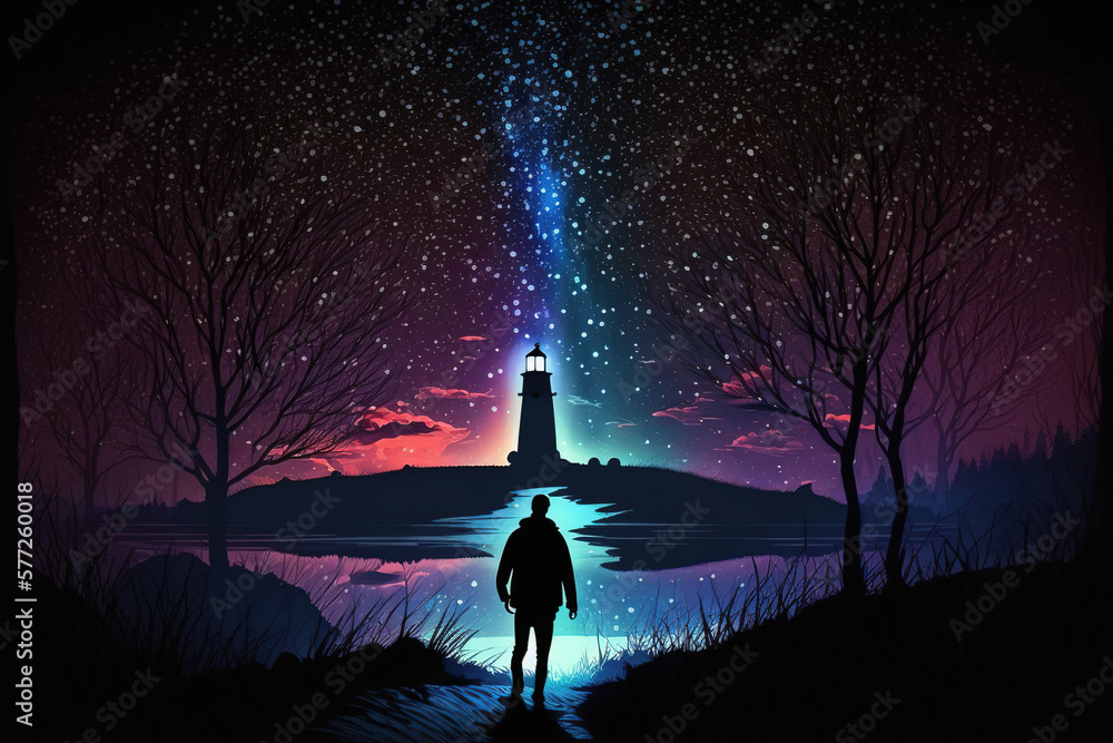 Wall mural silhouette of a man with head flashlight shining towards the milky way in a dutch landscape. generat