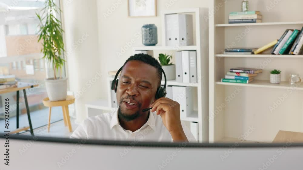 Canvas Prints Call center, black man and talking on computer, customer service and crm help desk in office. Happy agent, telemarketing consultant and communication for lead generation, telecom and sales consulting