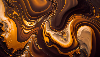 Acrylic Fluid Art. Liquid gold waves on brown watercolor background. Abstract marble background or texture. Generative AI