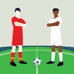 Match preview displaying two male footballers within a football field vector illustration. Belgium vs Ghana.