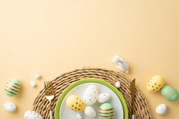 Easter celebration concept. Top view photo of plates with colorful easter eggs knife fork and ceramic easter bunny on wicker serving mat on isolated beige background with copyspace