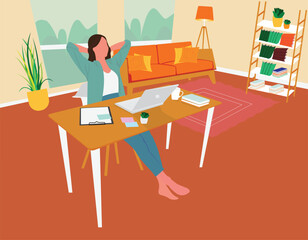  landscape illustration woman sitting at desk with laptop taking rest
