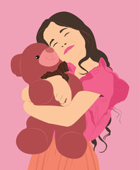 vector illustration girl hugging teddy bear