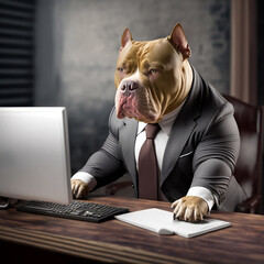 A Bulldog in a Business Suit Seated at an Office Desk Working on a Computer Generative AI