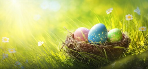 Fototapeta na wymiar Nest with easter eggs in grass on a sunny spring day - Easter decoration, banner, panorama, background. Generative AI