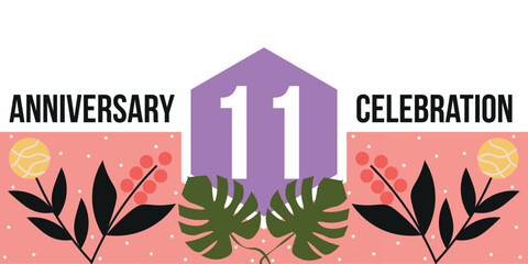 11th anniversary celebration logo colorful and green leaf abstract vector design on white background