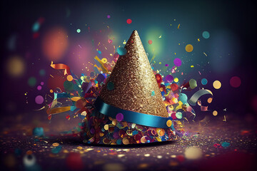 Golden party hat with confetti. Generative AI. - 577261419