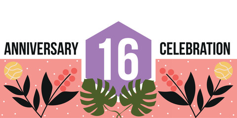 16th anniversary celebration logo colorful and green leaf abstract vector design on white background