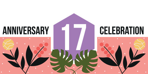 17th anniversary celebration logo colorful and green leaf abstract vector design on white background