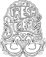 Fresh Start.  Hand-drawn with inspiration word. Doodles art for Valentine's day or greeting cards. Coloring for adults and kids. Vector Illustration.
