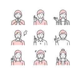 ポジティブな感情の女性のイラストアイコンセット