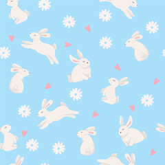 Easter rabbit pattern. Seamless pattern with rabbit and daisy flower. Vector illustration in flat style. Pattern in swatches.