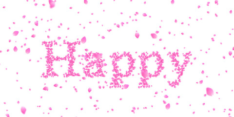 Letters made of a collection of cherry blossom petals and flurry of those petals on transparent background