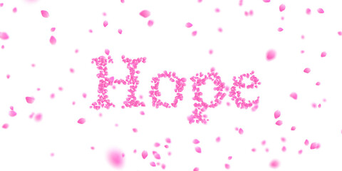 Letters made of a collection of cherry blossom petals and flurry of those petals on transparent background