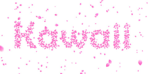 Letters made of a collection of cherry blossom petals and flurry of those petals on transparent background