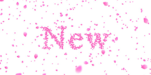 Letters made of a collection of cherry blossom petals and flurry of those petals on transparent background