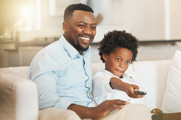 Black family, sofa and father with boy with remote for tv channel, streaming movies and watching...