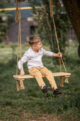 A little boy 6-7 years old in a white shirt is resting, swinging on a swing in the spring in the garden of a country house. the concept of village life, healthy lifestyle