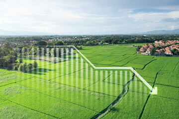 Land, landscape or green field in aerial view. Include house building, bar chart or graph, drop...