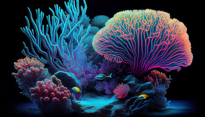 Plakat fluorescent sea plant. Colorful underwater flora