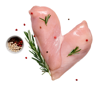 Fresh chicken fillet with spices cut out on transparent background. Heart shaped chicken fillet. Preparation for cooking