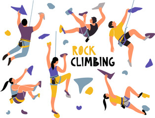 Rock climbing. Vector hand-drawn set with rock climbers at the climbing wall. Flat modern style. Isolated on white background.