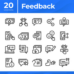 Set of feedback icons such as star rating, question, like, emotion, review, checklist, and more. Useable for element design web and template business