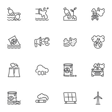 Nature pollution line icons set