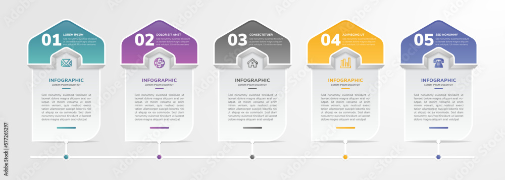 Poster vector illustration of half hexagon block infographic element. the design template five process or s