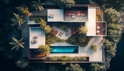 Beautiful aerial birds eye drone view of luxury high end romantic resort room patio with a private pool surrounded by green foliage warm sunny summer day.