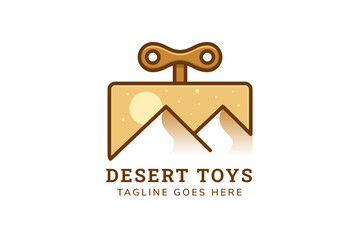 desert toy logo design template. the concept of the image is to combine desert mountains with a toy box with a spinner. doodle style symbol isolated in horizontal white background.