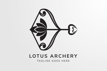 flower archery logo design template in black color. isolated on white grey gradient background. combination archery equipment, bows with lotus flower. 