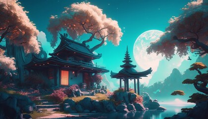 Fantasy japanese shrine temple on full moon night background. Generative AI technology. 