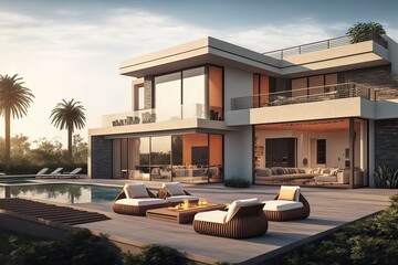 Naklejka premium Luxurious Modern House with Pool & Patio. Photo generative AI