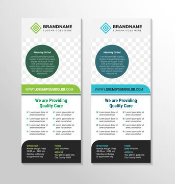 Vertical roll up banners with geometric design elements with headline we are providing quality care. A brochure template with a place for photos, text and information. Vector illustration green blue.