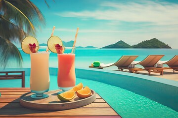 Cocktails by poolside with beach view. Sun loungers, towels, Pina coladas, fruit. Copy space. Photo generative AI
