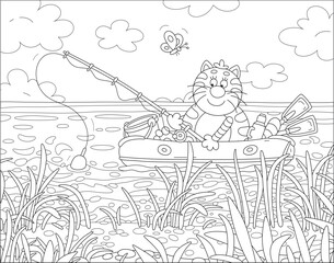 Funny striped fat cat fisherman sitting in an inflatable boat with a fishing-rod and catching small fishes in reeds of a pretty lake on a sunny summer day, black and white vector cartoon