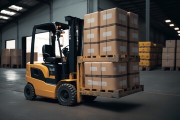 a forklift performing tasks of stacking and distribution of boxes and merchandise in an industrial warehouse